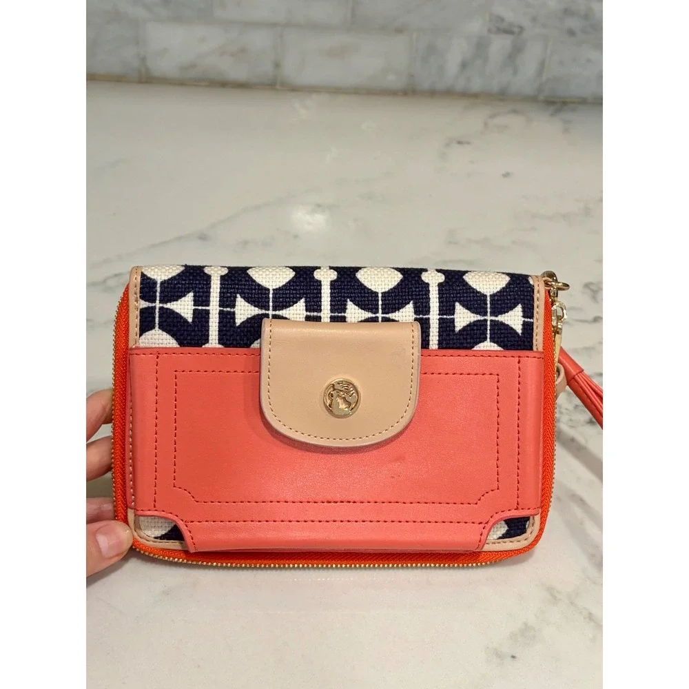 Spartina 449 Atlantis Paradise Island Linen Leather Wristlet Wallet Navy Coral